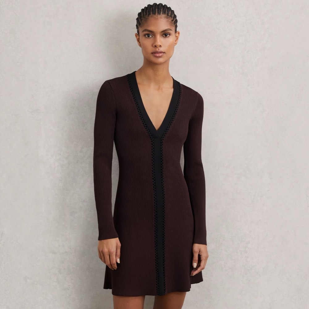 NEW REISS Alma Craft-Stitch Rib-Knit Mini Dress Burgundy Black XS NWT